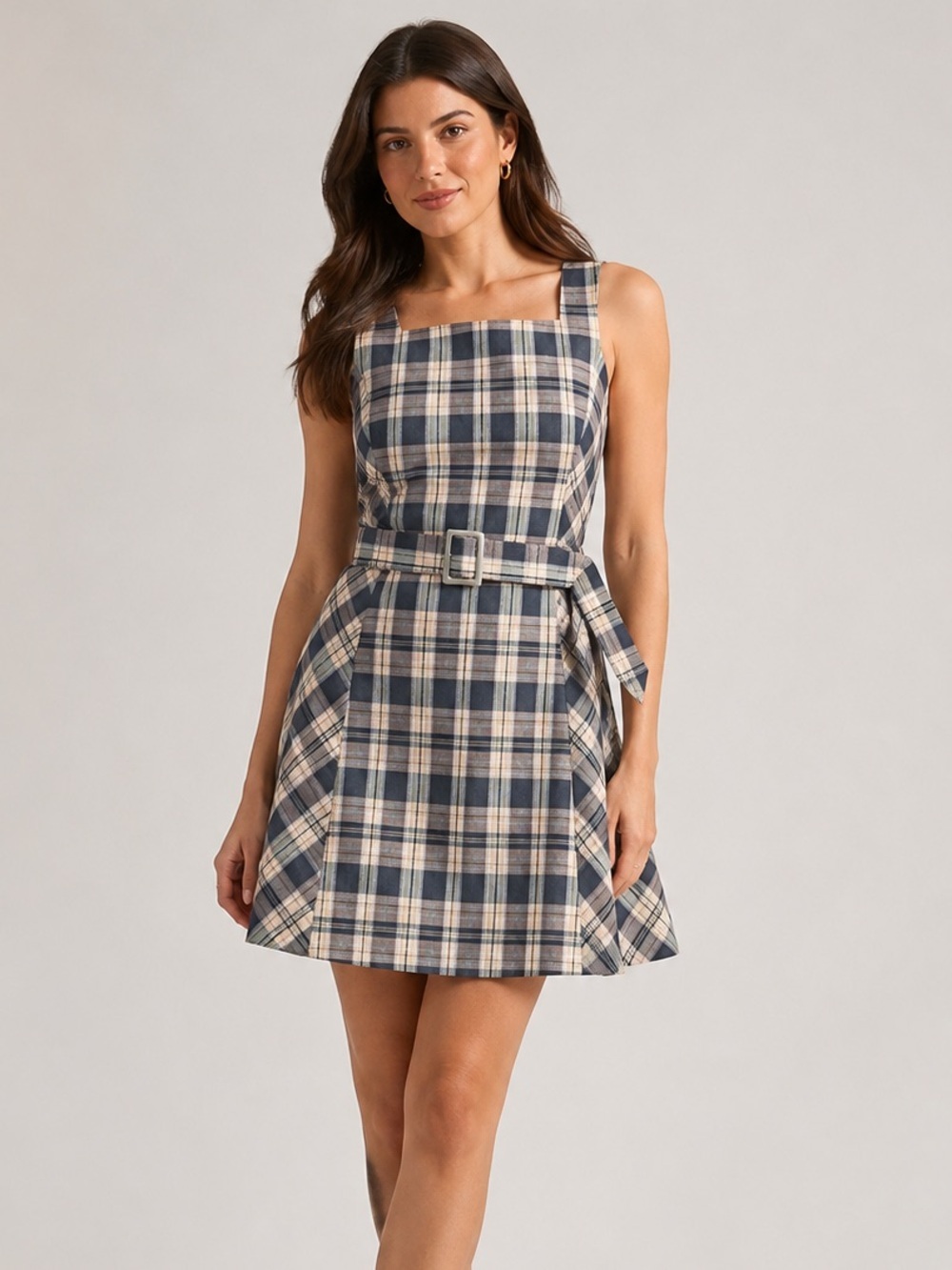 NAF NAF Navy and Cream Plaid Square-Neck Mini Dress with Belt